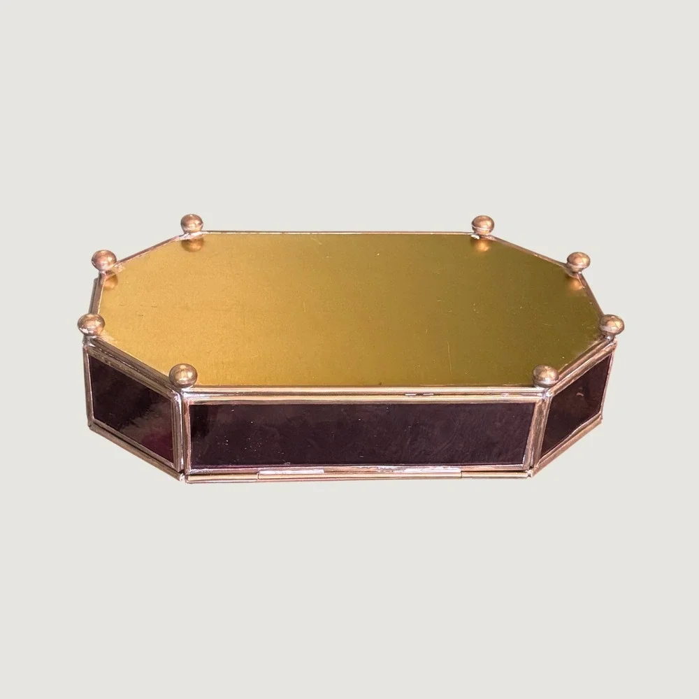 Vintage Purple Glass Jewelry Trinket Box Octagon Brass Etched Floral Lid